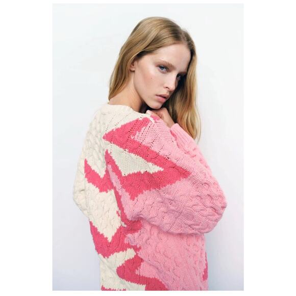 ZARA Oversized Cream Pink Jacquard Chunky Cable Knit Fisherman Sweater Sz M Retr - Picture 5 of 16